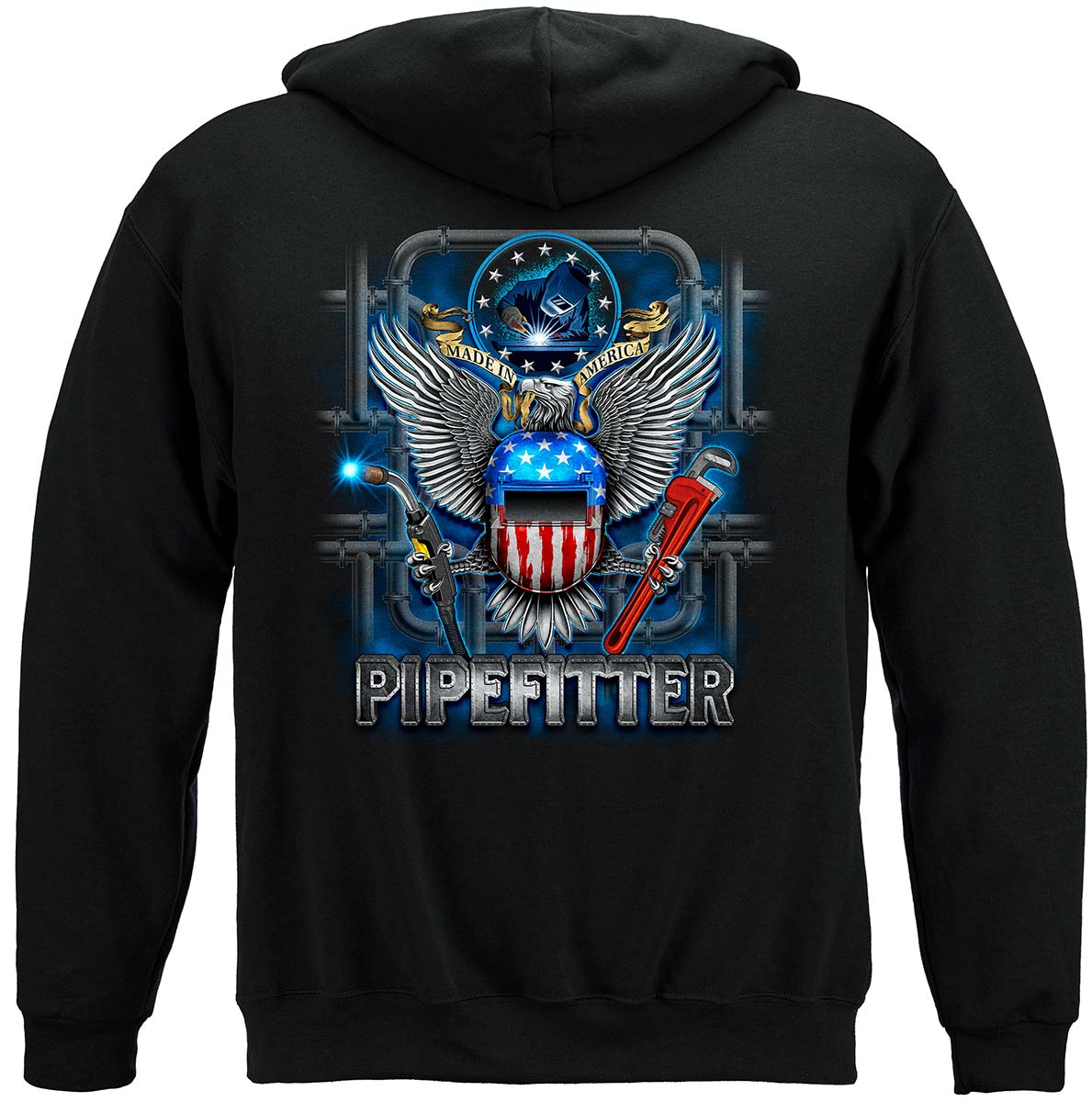 Worker Made In American Pipefitter Premium Hooded Sweat Shirt - back