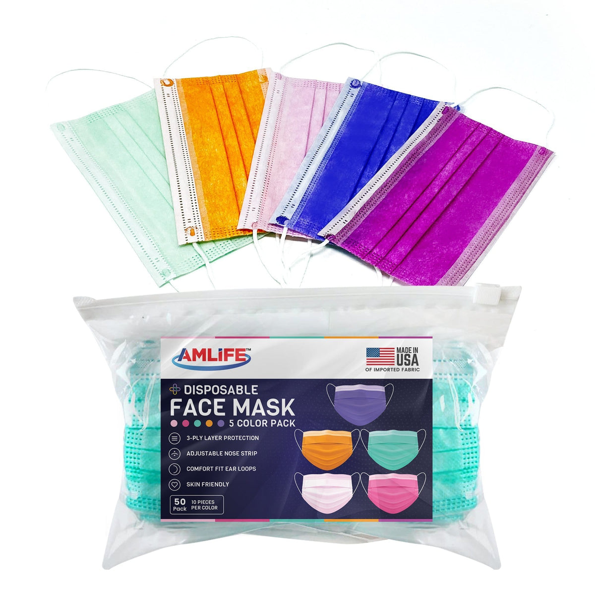 AMLIFE Face Masks 50 Pack Multi Color 3-Ply Filter Made in USA with Imported Fabric