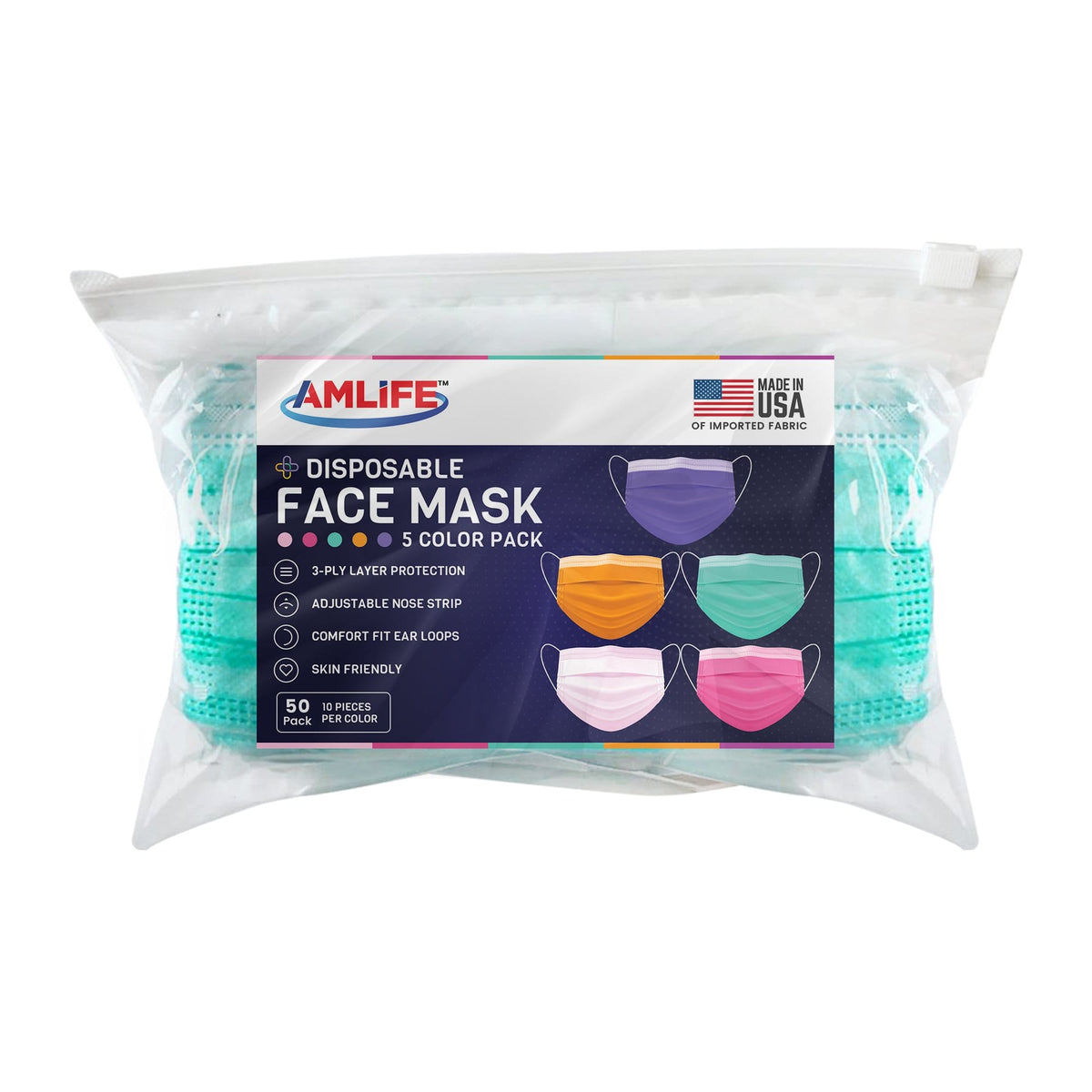 AMLIFE Face Masks 50 Pack Multi Color 3-Ply Filter Made in USA with Imported Fabric