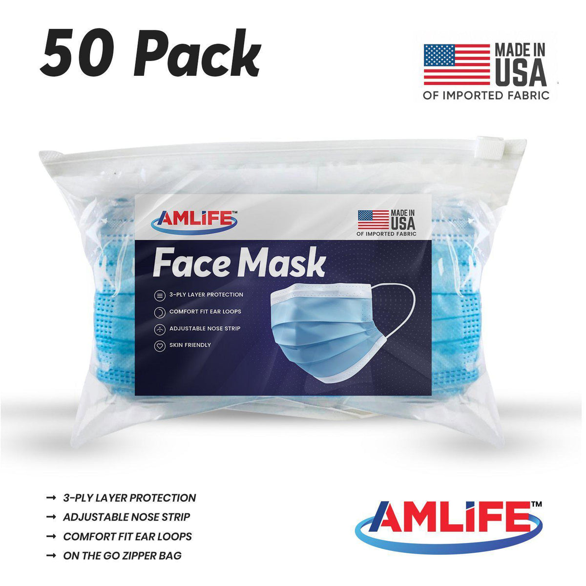 Amlife 50 Pack Face Mask Blue Made in USA Imported Fabric