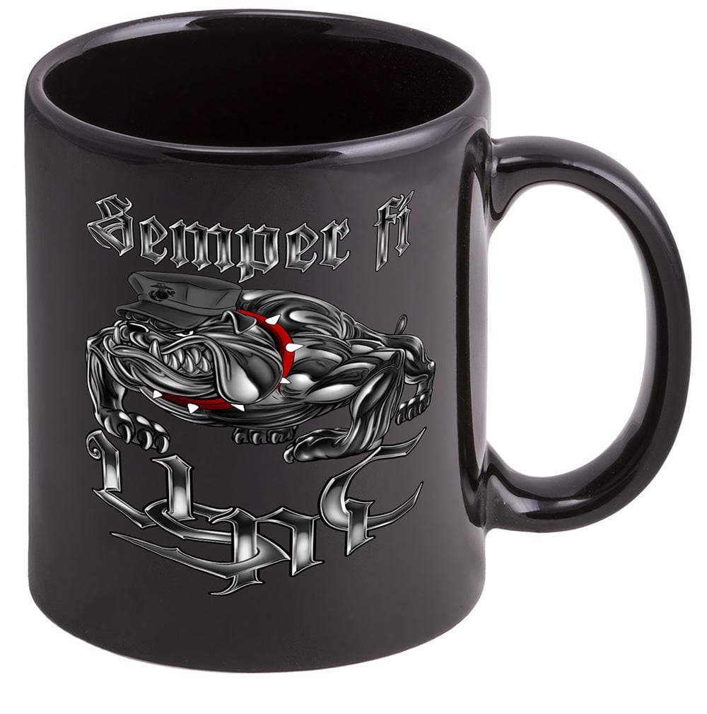 USMC Semper Fi Chrome Dog Marine Corps Stoneware Black Coffee Mug Gift Set