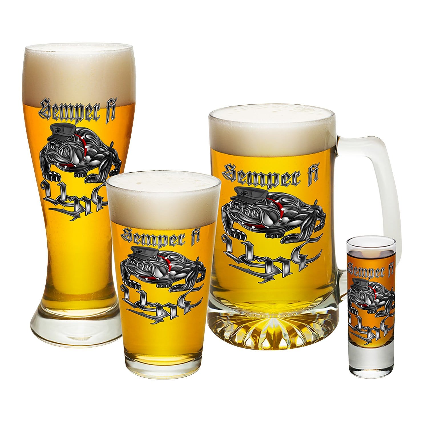 Semper Fi Chrome Dog Marine Corps 4 PC. Glass Set