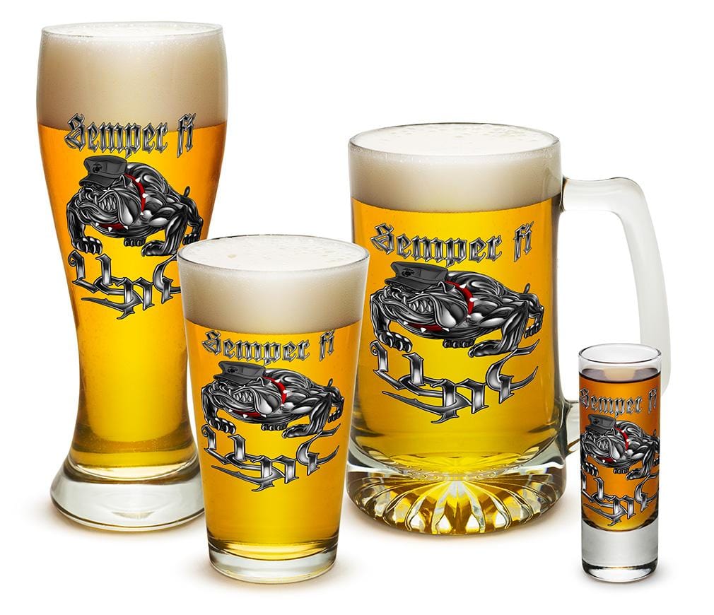USMC Semper Fi Chrome Dog Marine Corps 4 Piece Glass Gift Set