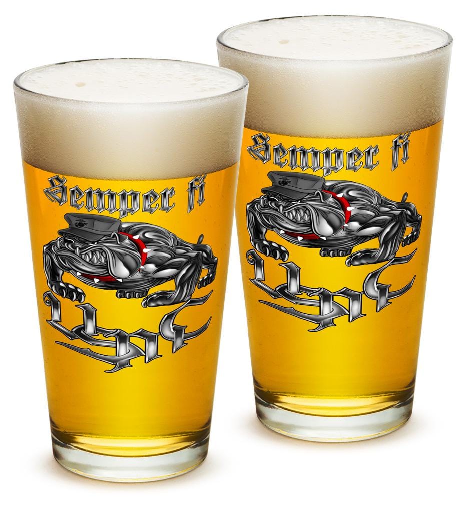 Sempri Fi Chrome Dog Marine Corps 16oz Pint Glass Set