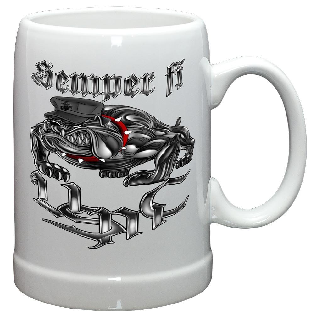 USMC Semper Fi Chrome Dog Marine Corps Stoneware White Coffee Mug Gift Set