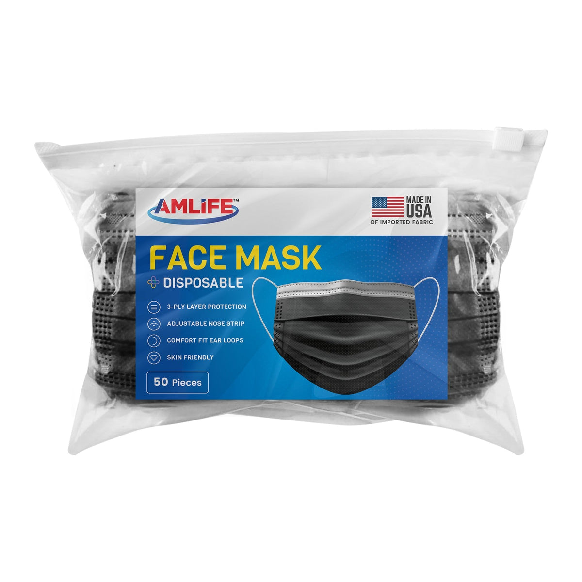 AMLIFE 50 Pack Black Face Masks 3-Ply Filter - Made in USA with Imported Fabric