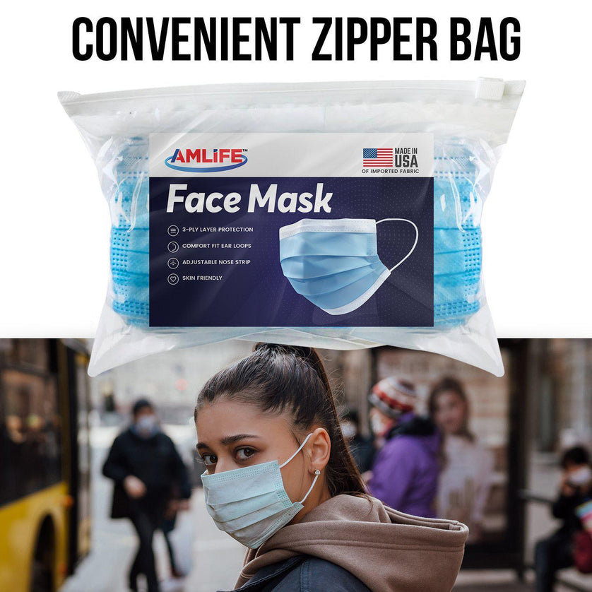 Amlife 50 Pack Face Mask Blue Made in USA Imported Fabric