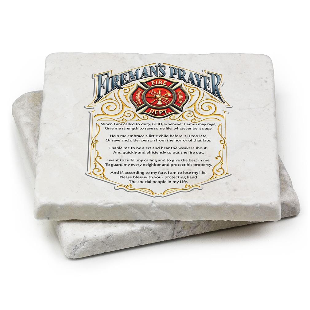 Firefighter Fireman&#39;s Prayer Ivory Tumbled Marble 4IN x 4IN Coasters Gift Set