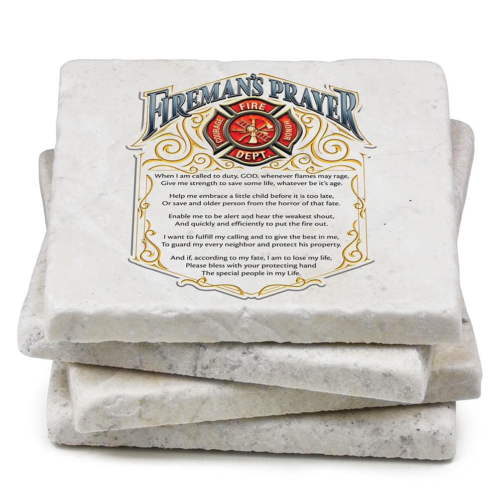 Firefighter Fireman&#39;s Prayer Ivory Tumbled Marble 4IN x 4IN Coasters Gift Set