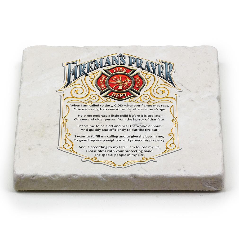 Firefighter Fireman&#39;s Prayer Ivory Tumbled Marble 4IN x 4IN Coasters Gift Set