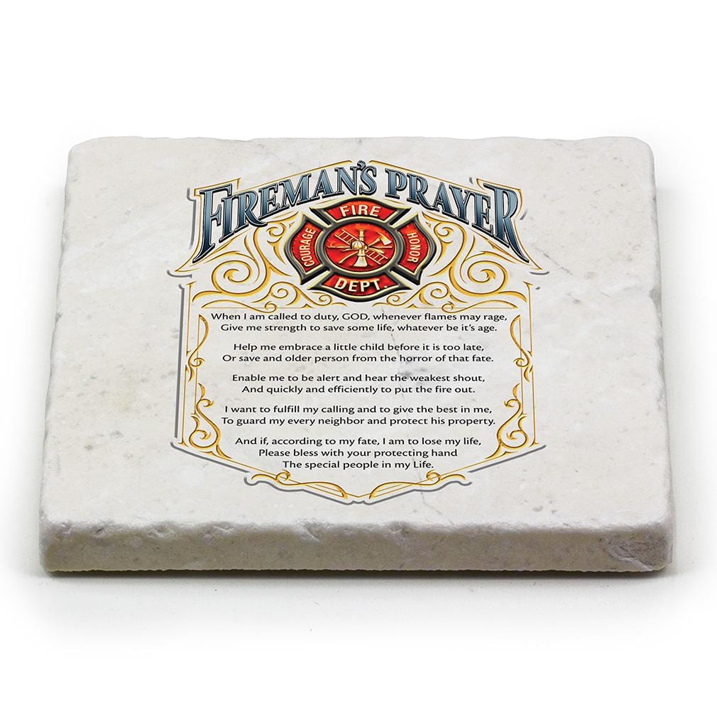 Firefighter Fireman&#39;s Prayer Ivory Tumbled Marble 4IN x 4IN Coasters Gift Set