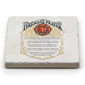 More Picture, Firefighter Fireman's Prayer Ivory Tumbled Marble 4IN x 4IN Coasters Gift Set