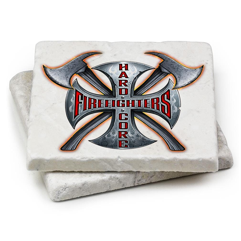 Hard Core Firefighter Ivory Tumbled Marble 4IN x 4IN Coasters Gift Set