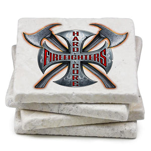 More Picture, Hard Core Firefighter Ivory Tumbled Marble 4IN x 4IN Coasters Gift Set