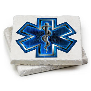 More Picture, EMS EMT Silver Snake on Call Ivory Tumbled Marble 4IN x 4IN Coasters Gift Set