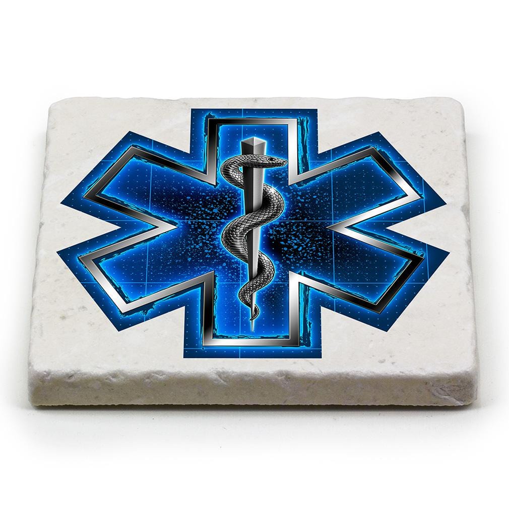 EMS EMT Silver Snake on Call Ivory Tumbled Marble 4IN x 4IN Coasters Gift Set