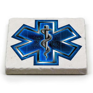 More Picture, EMS EMT Silver Snake on Call Ivory Tumbled Marble 4IN x 4IN Coasters Gift Set