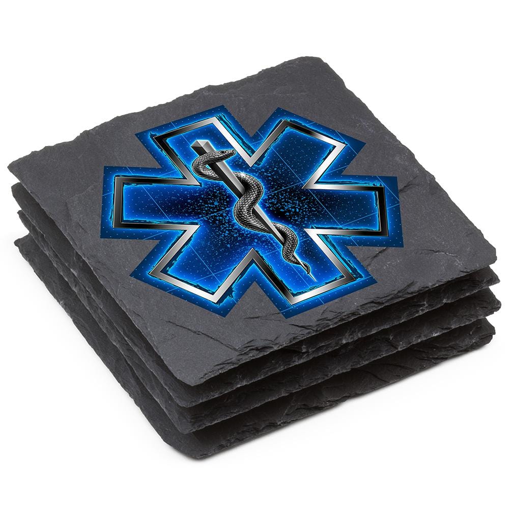 EMS EMT Silver Snake on Call Black Slate 4IN x 4IN Coasters Gift Set