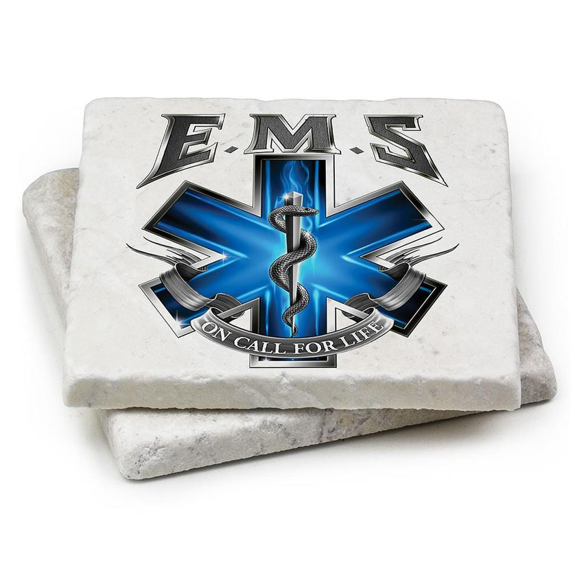 On Call for Life EMS EMT Ivory Tumbled Marble 4IN x 4IN Coasters Gift Set