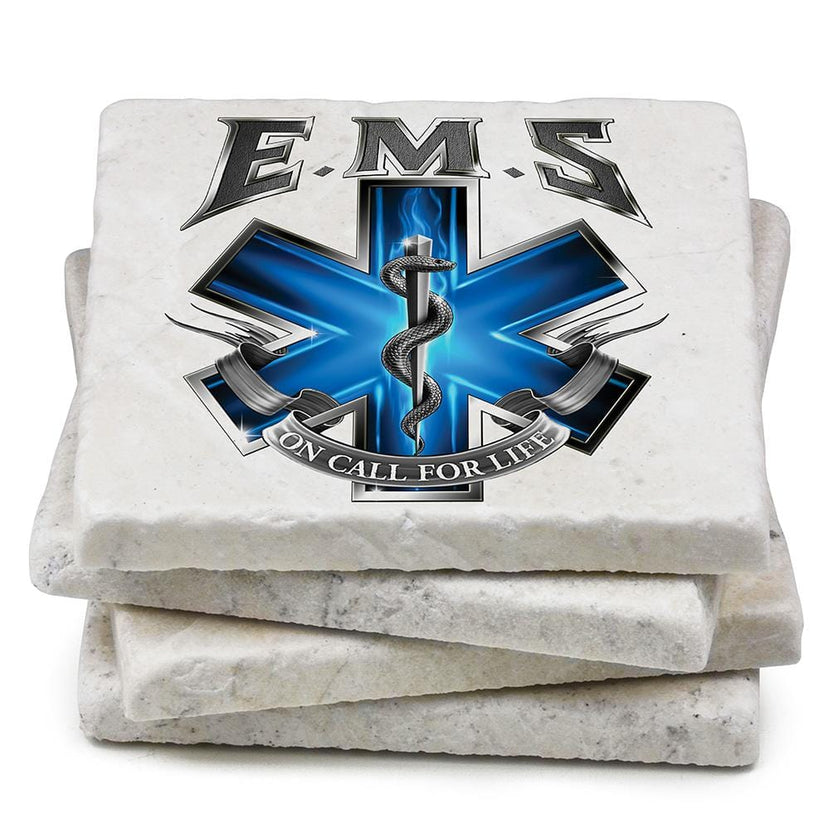 On Call for Life EMS EMT Ivory Tumbled Marble 4IN x 4IN Coasters Gift Set