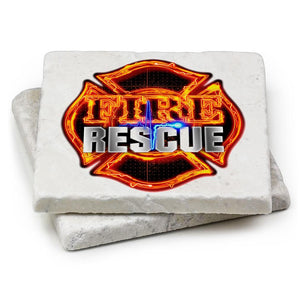 More Picture, Firefighter Fire Rescue Ivory Tumbled Marble 4IN x 4IN Coasters Gift Set