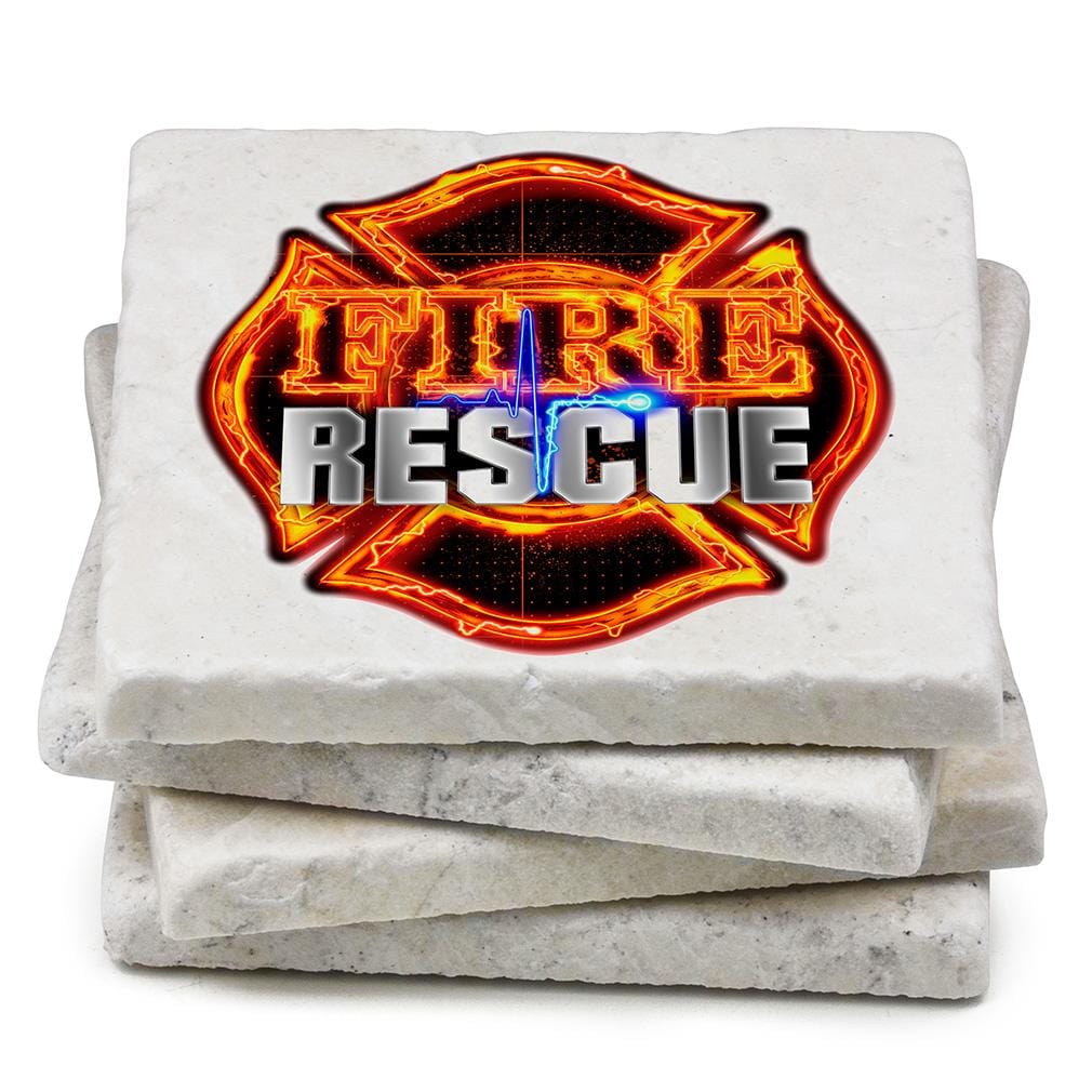 Firefighter Fire Rescue Ivory Tumbled Marble 4IN x 4IN Coasters Gift Set