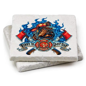 More Picture, Firefighter First in Last Out Ivory Tumbled Marble 4IN x 4IN Coasters Gift Set