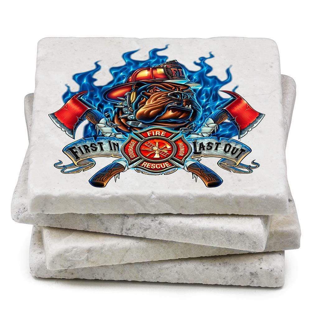 Firefighter First in Last Out Ivory Tumbled Marble 4IN x 4IN Coasters Gift Set