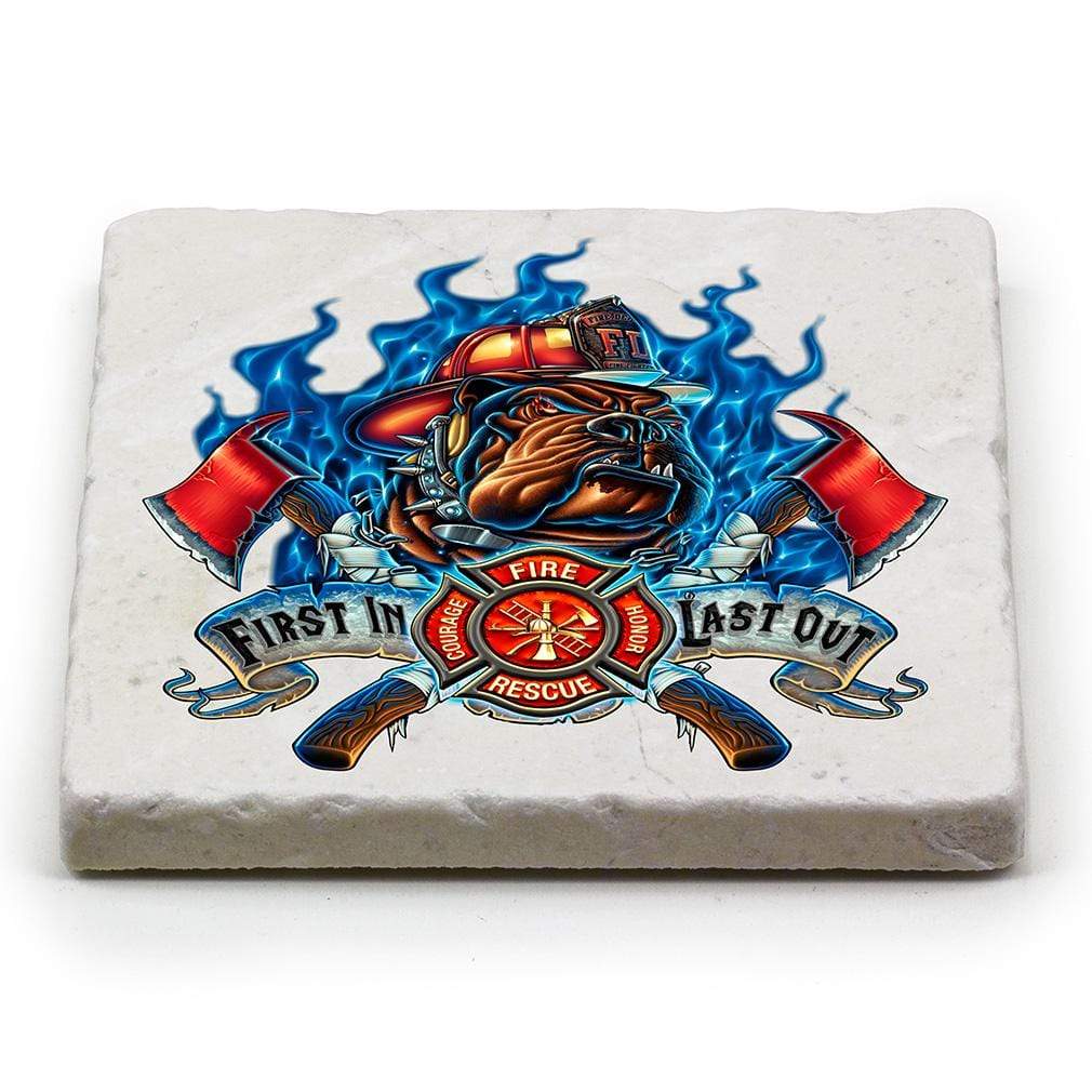 Firefighter First in Last Out Ivory Tumbled Marble 4IN x 4IN Coasters Gift Set
