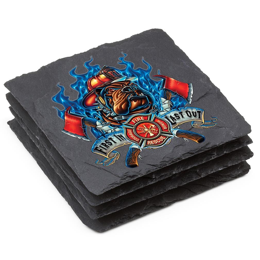 Firefighter First in Last Out Black Slate 4IN x 4IN Coasters Gift Set
