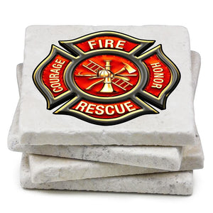 More Picture, Firefighter Classic Fire Maltese Ivory Tumbled Marble 4IN x 4IN Coasters Gift Set