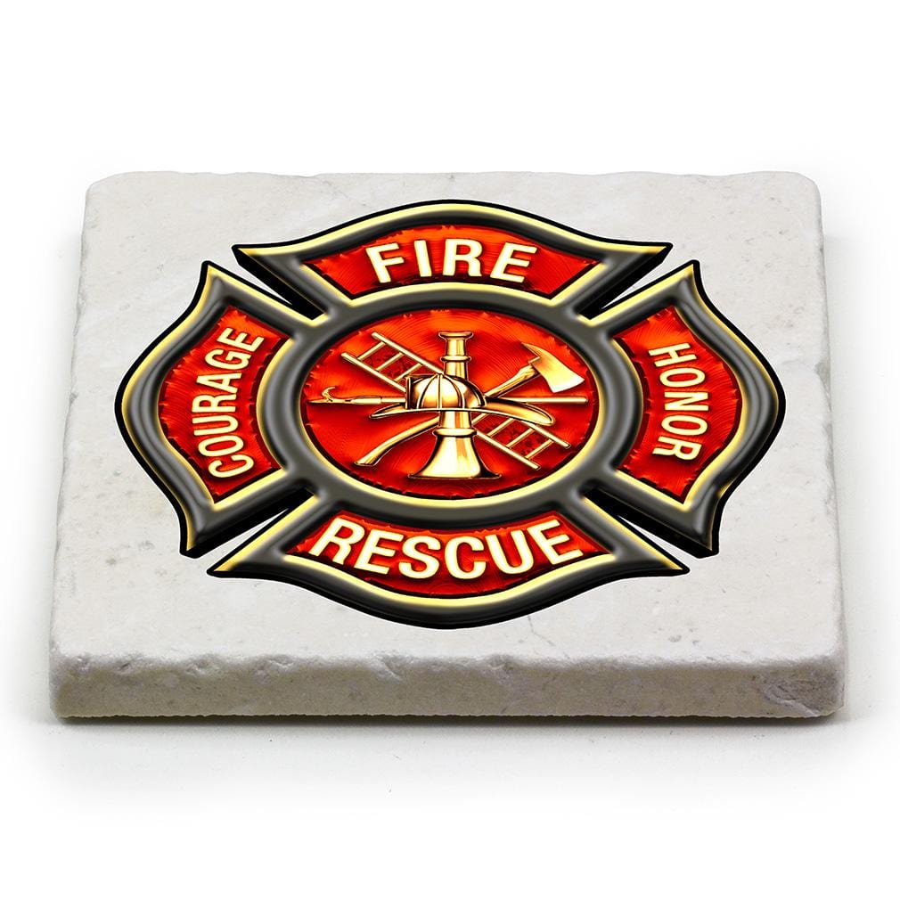 Firefighter Classic Fire Maltese Ivory Tumbled Marble 4IN x 4IN Coasters Gift Set