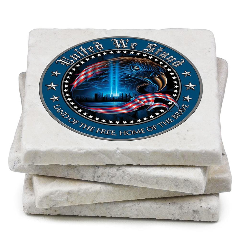 Patriotic United We Stand Ivory Tumbled Marble 4IN x 4IN Coaster Gift Set