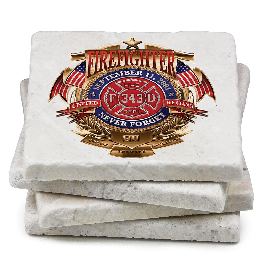 Firefighter Badge Of Honor Ivory Tumbled Marble 4IN x 4IN Coasters Gift Set