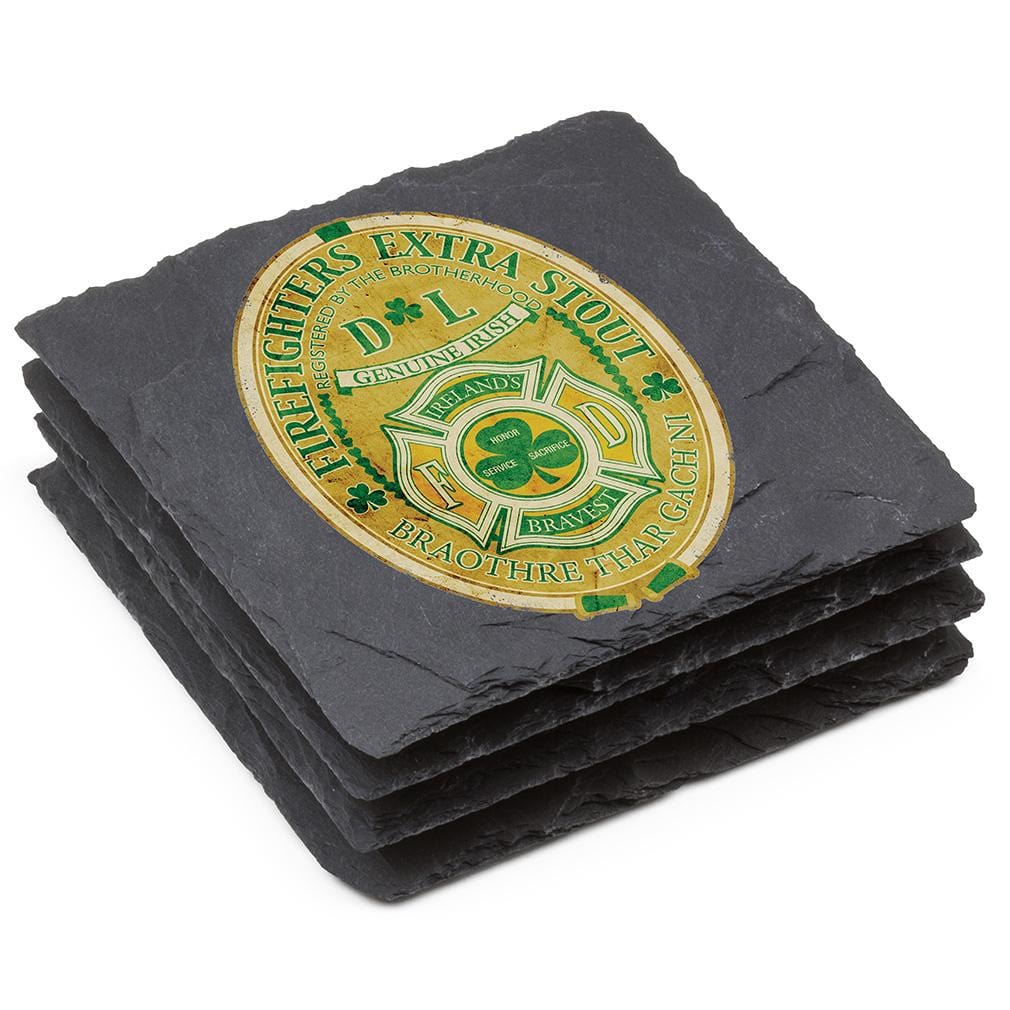 Firefighter Irelands Bravest Black Slate 4IN x 4IN Coasters Gift Set