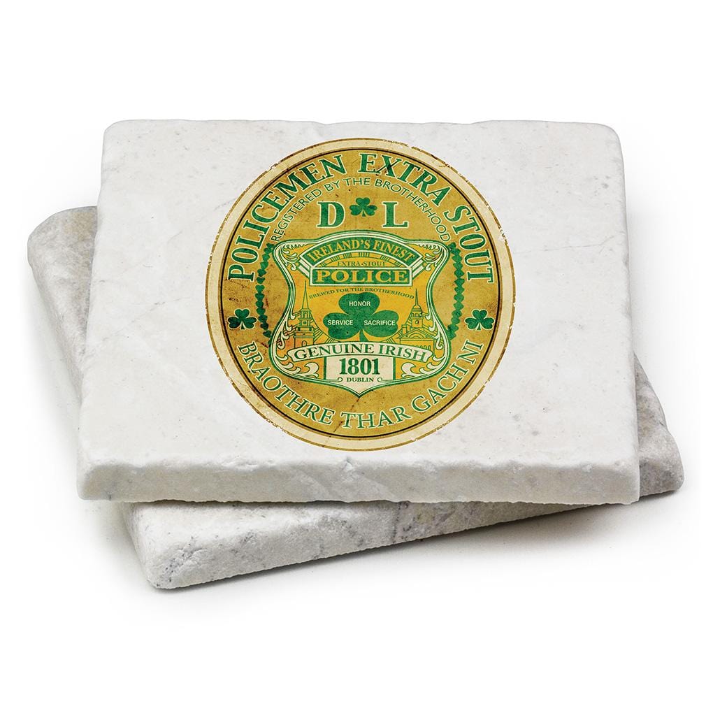 Law Enforcement Police Irelands Finest Ivory Tumbled Marble 4IN x 4IN Coasters Gift Set