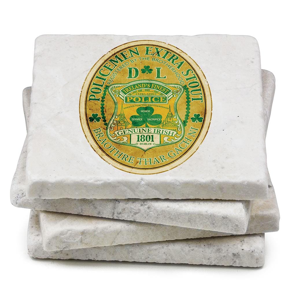 Law Enforcement Police Irelands Finest Ivory Tumbled Marble 4IN x 4IN Coasters Gift Set