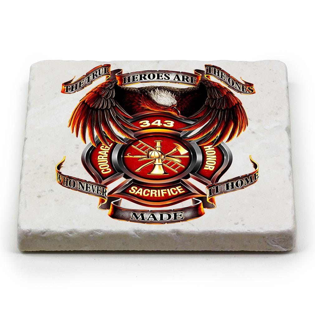 True Hero Firefighter Ivory Tumbled Marble 4IN x 4IN Coasters Gift Set