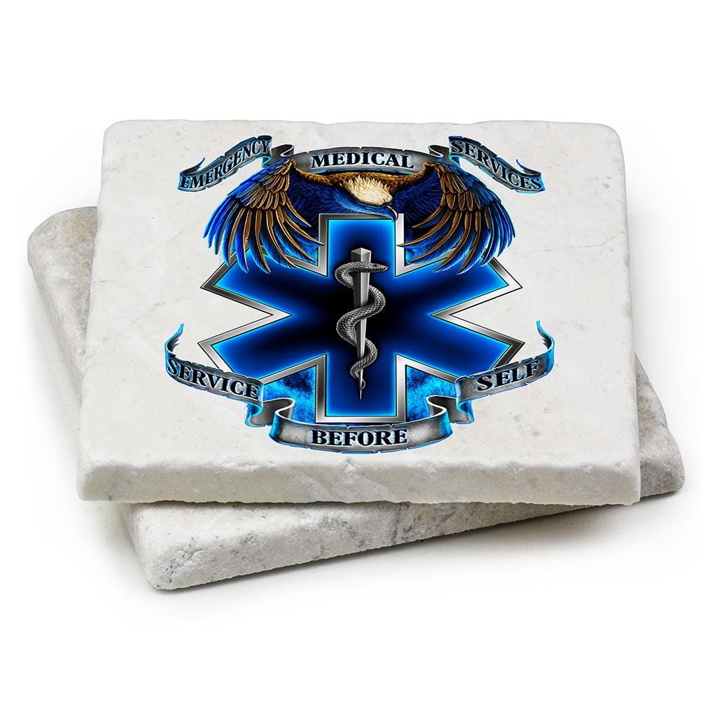 Heroes EMS EMT Ivory Tumbled Marble 4IN x 4IN Coasters Gift Set