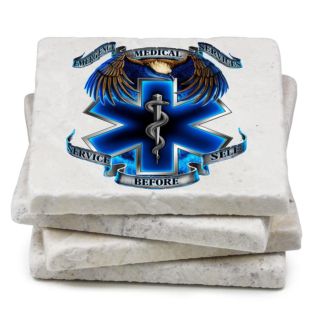 Heroes EMS EMT Ivory Tumbled Marble 4IN x 4IN Coasters Gift Set
