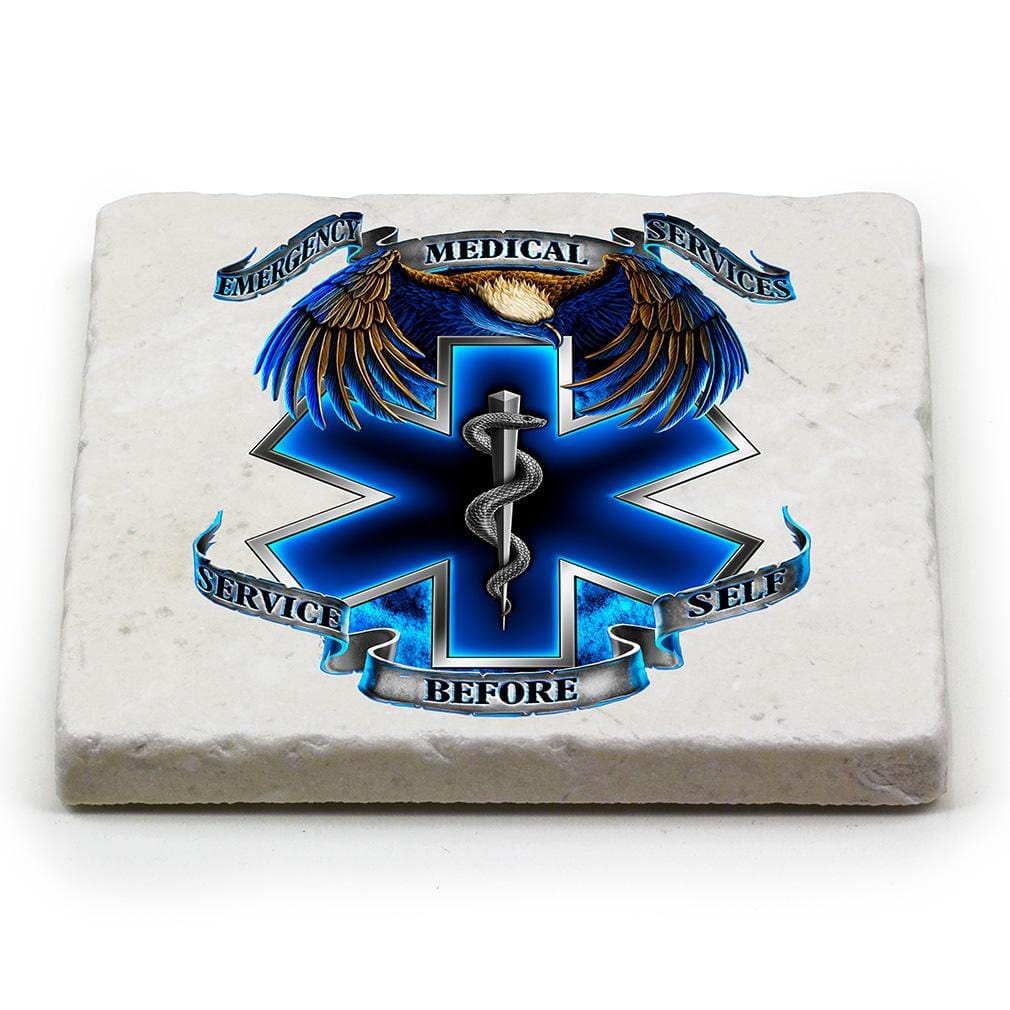Heroes EMS EMT Ivory Tumbled Marble 4IN x 4IN Coasters Gift Set