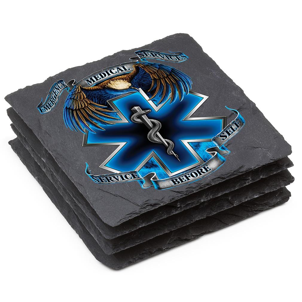 Heroes EMS EMT Black Slate 4IN x 4IN Coasters Gift Set