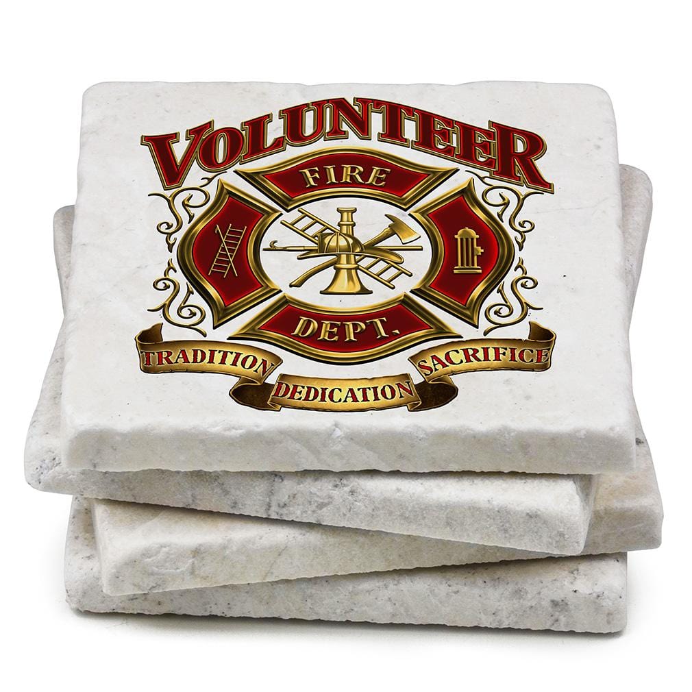 Volunteer Firefighter Ivory Tumbled Marble 4IN x 4IN Coasters Gift Set