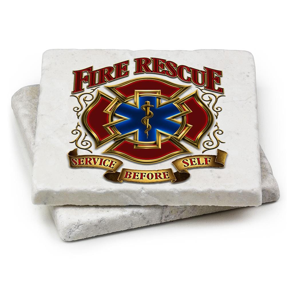 Firefighter Fire Rescue Gold Shield Ivory Tumbled Marble 4IN x 4IN Coasters Gift Set