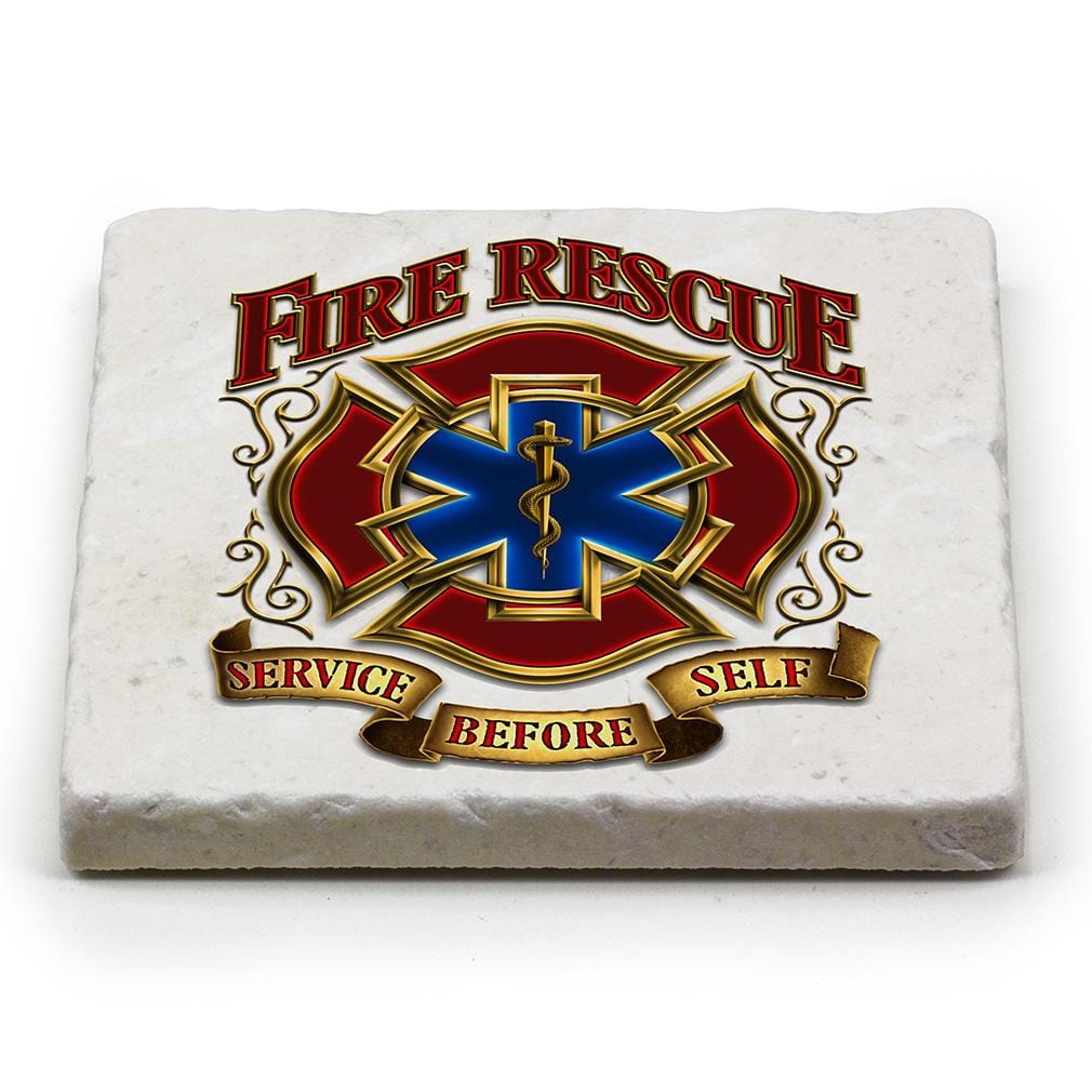 Firefighter Fire Rescue Gold Shield Ivory Tumbled Marble 4IN x 4IN Coasters Gift Set