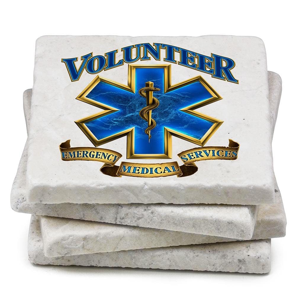 Volunteer EMS EMT Gold Shield Ivory Tumbled Marble 4IN x 4IN Coasters Gift Set