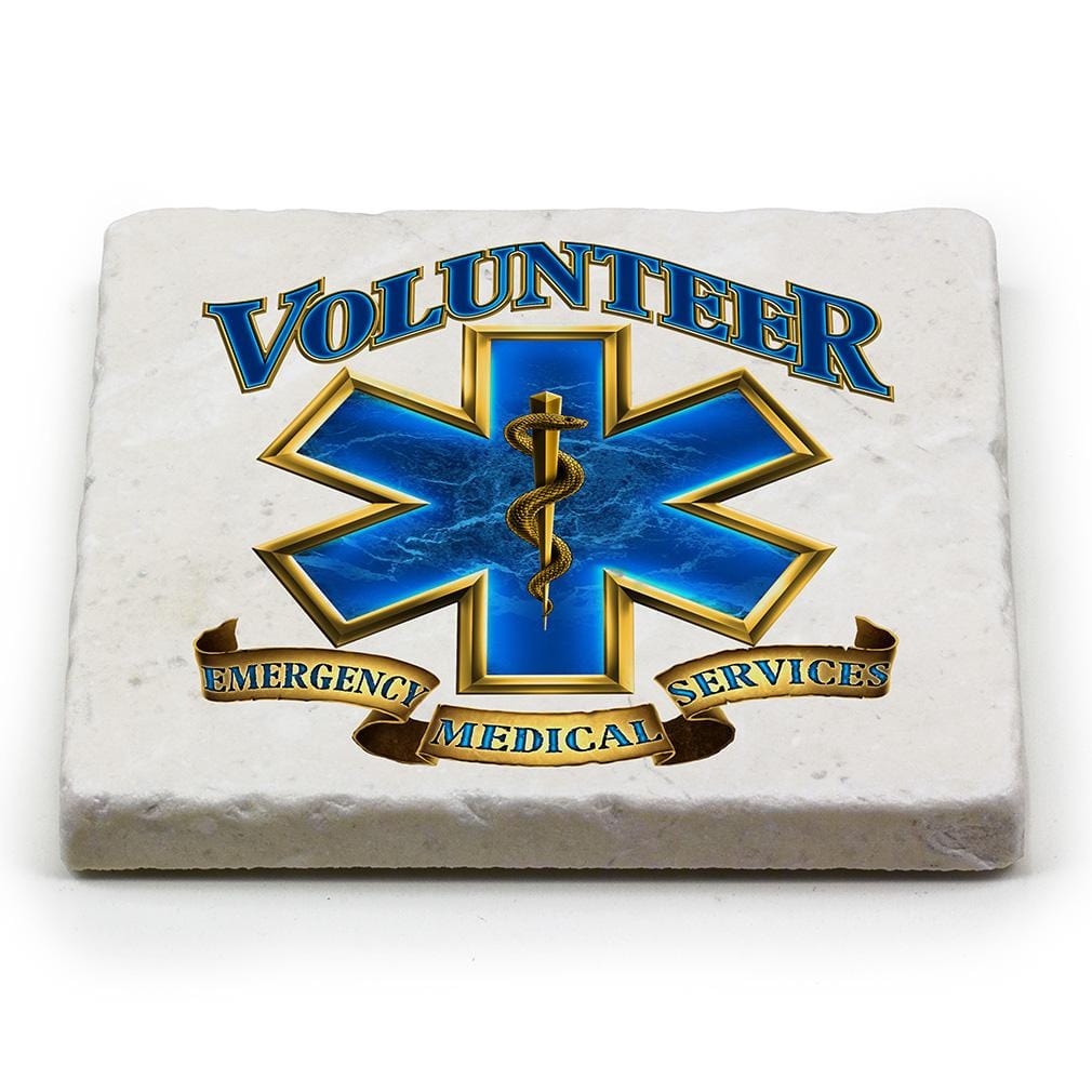 Volunteer EMS EMT Gold Shield Ivory Tumbled Marble 4IN x 4IN Coasters Gift Set