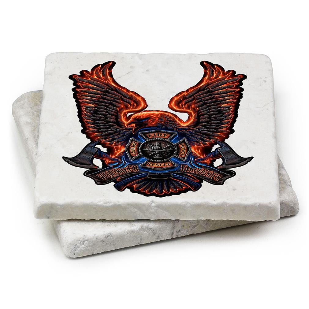 Firefighter Volunteer Fire Eagle Ivory Tumbled Marble 4IN x 4IN Coasters Gift Set