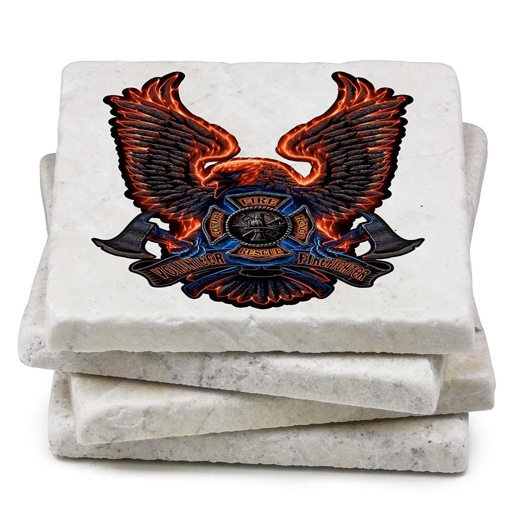 Firefighter Volunteer Fire Eagle Ivory Tumbled Marble 4IN x 4IN Coasters Gift Set