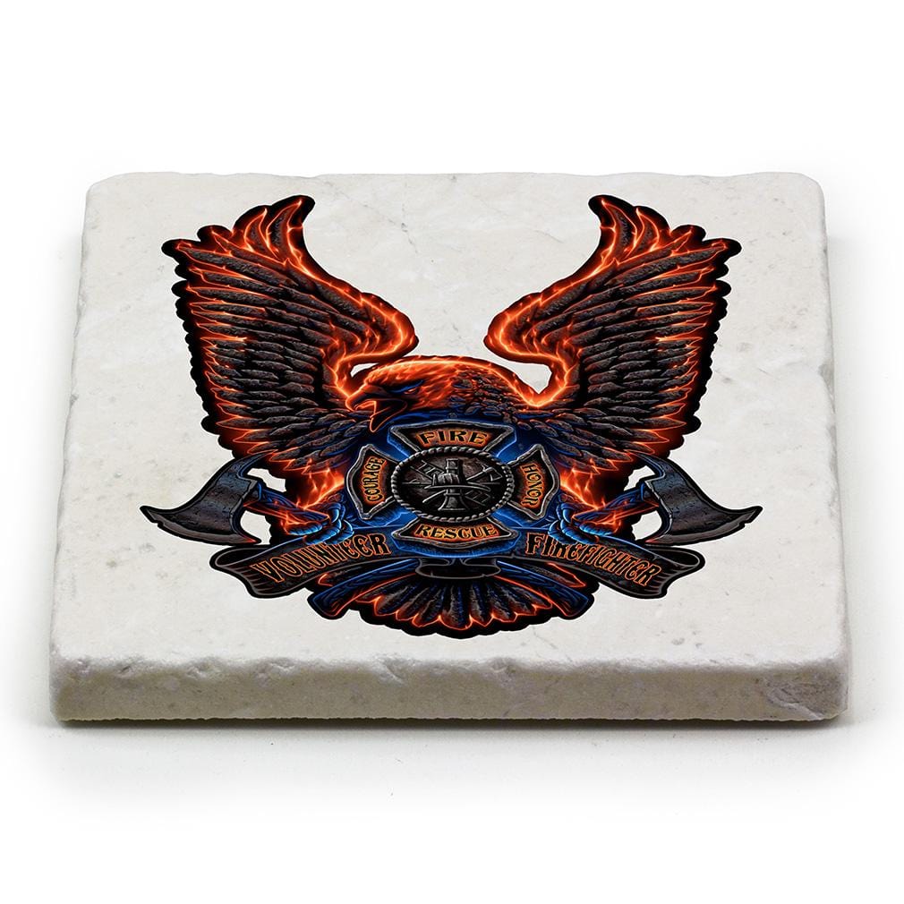 Firefighter Volunteer Fire Eagle Ivory Tumbled Marble 4IN x 4IN Coasters Gift Set